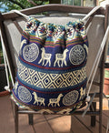 Drawstring backpack-style bag, handwoven in native Andean style with llama motifs.